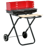 Outsunny Foldable Charcoal BBQ Grill with Wheels & Wooden Side Shelf – Portable Garden Barbecue, Red & Black