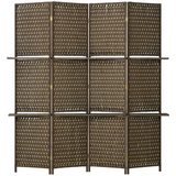 4-Panel Folding Room Divider with Shelves – Woven Wicker Effect Privacy Screen with Wood Frame, Brown