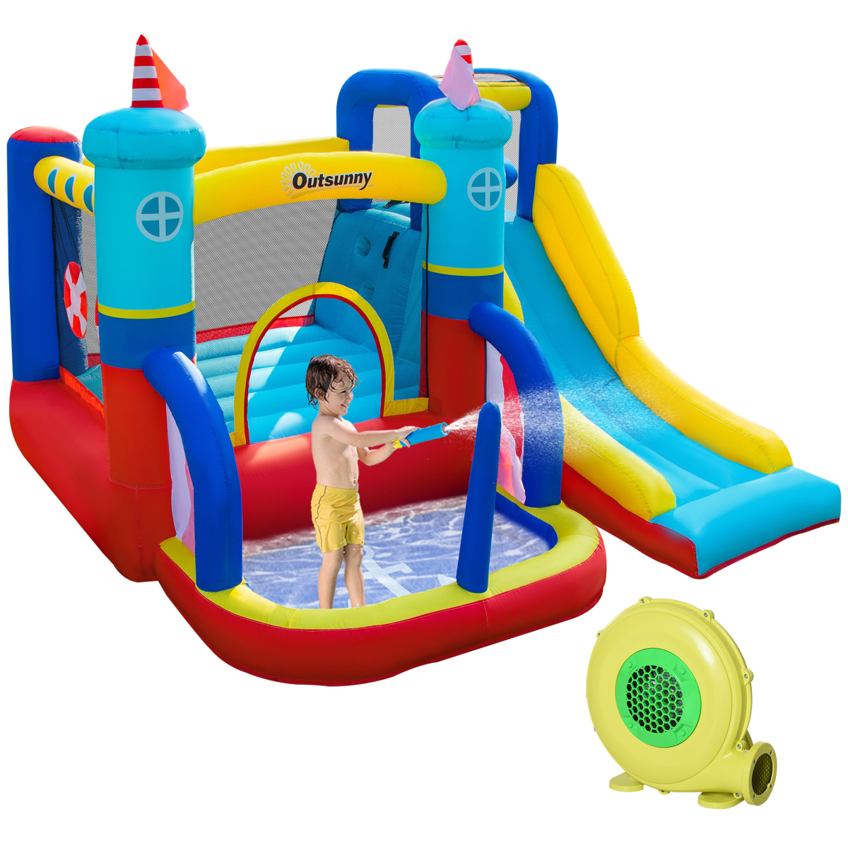 Kids Inflatable Bouncy Castle with Slide, Pool, Trampoline & Climbing Wall – Includes Electric Blower
