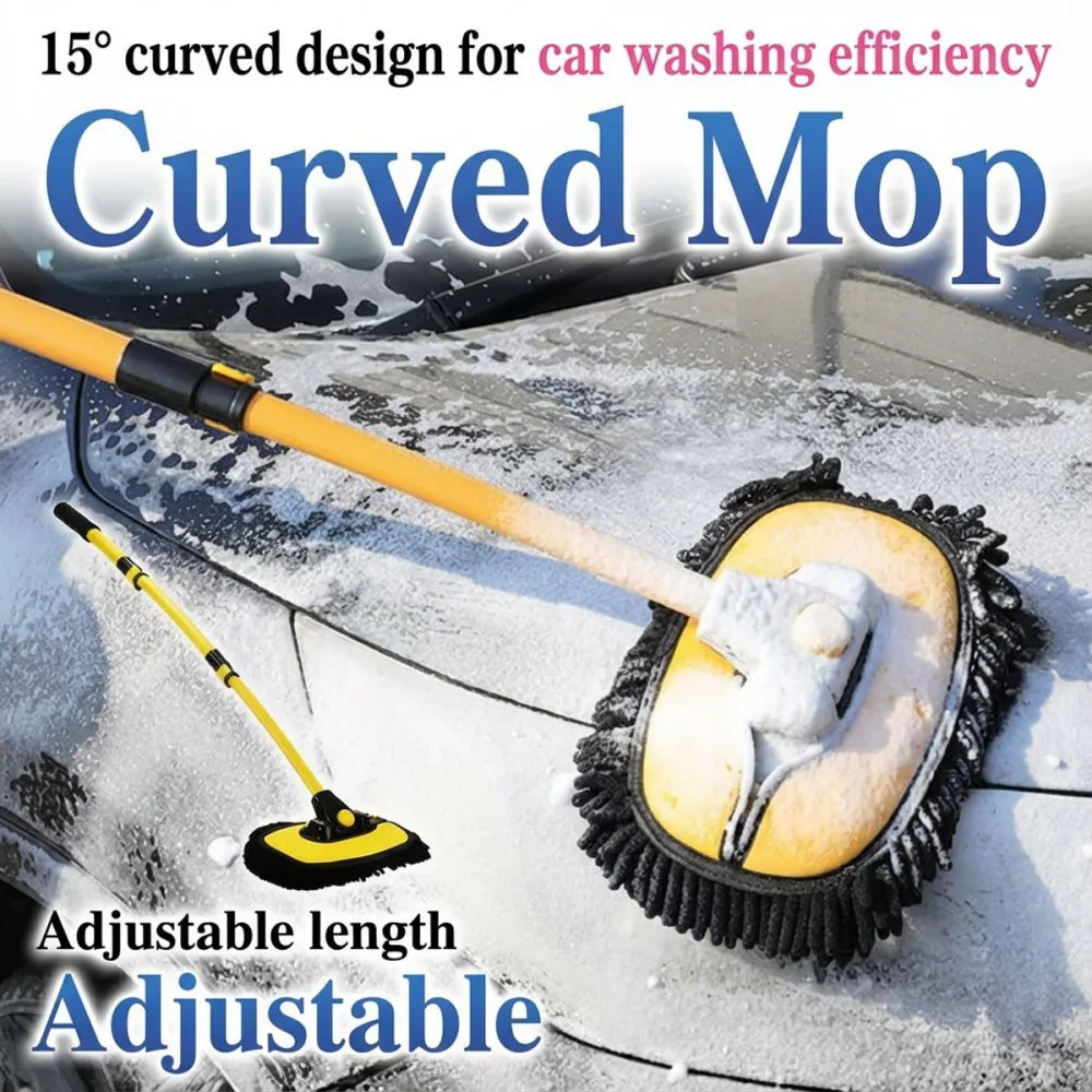 Telescopic Car Wash Brush Kit with Long Handle and 2 Microfibre Mop Heads – 15° Curved, 90° Rotating