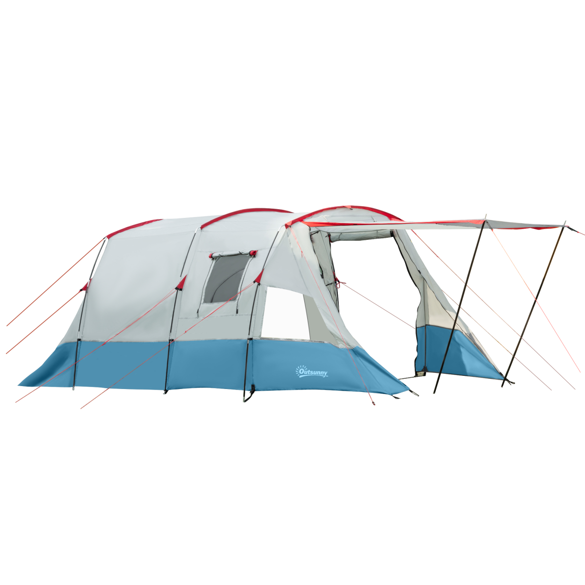 Outsunny 6-8 Person Tunnel Tent with Two Rooms, 3 Doors & Carry Bag – Waterproof Family Camping Tent, Blue
