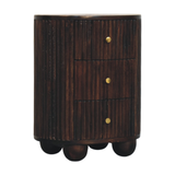 Artisan Furniture Solid Mango Wood Curved Fluted Bedside Table with 3 Drawers and Brass Knobs – Dark Brown