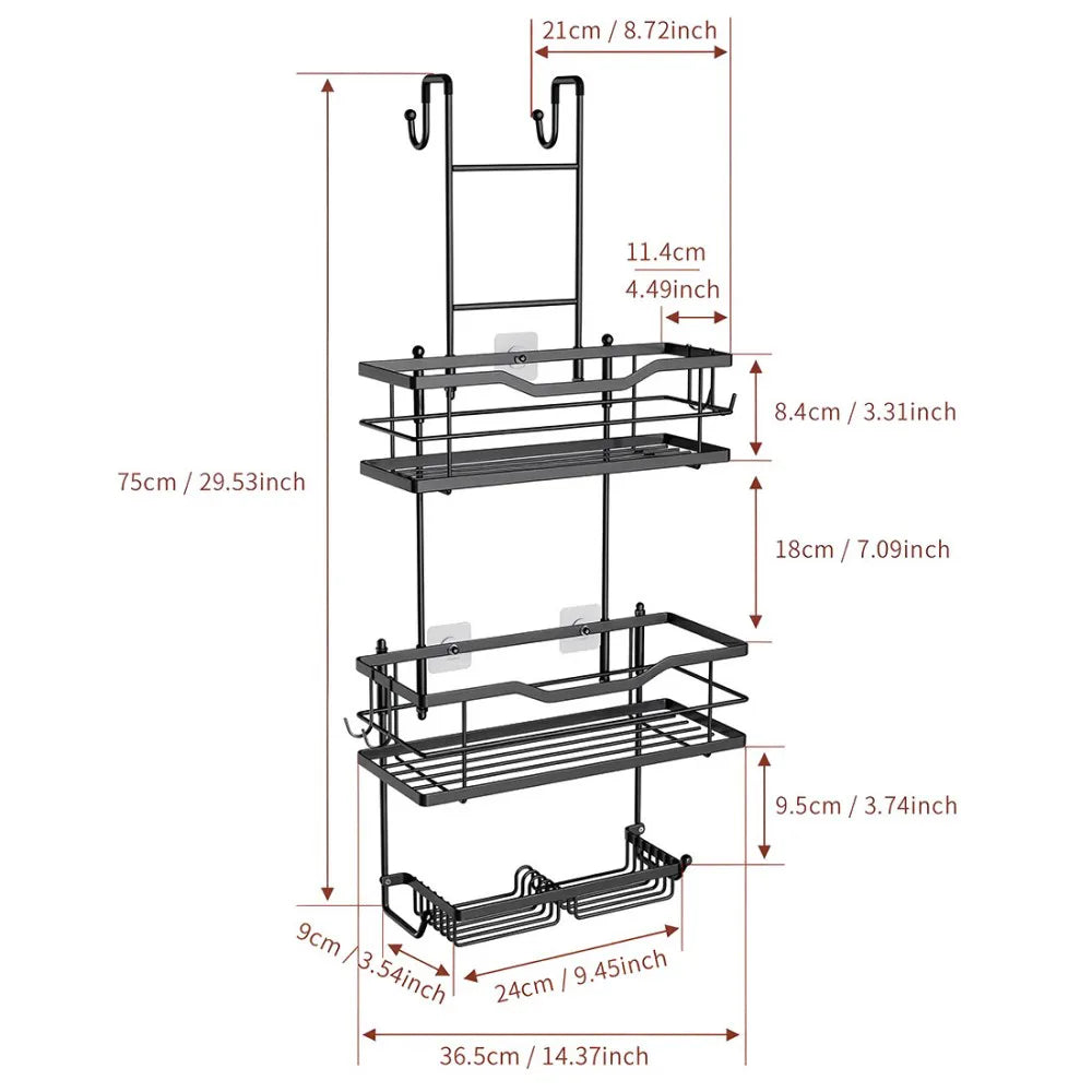 3 Tier Screen Shower Caddy Bathroom Storage Organiser Hanging Tidy Rack Basket-Black