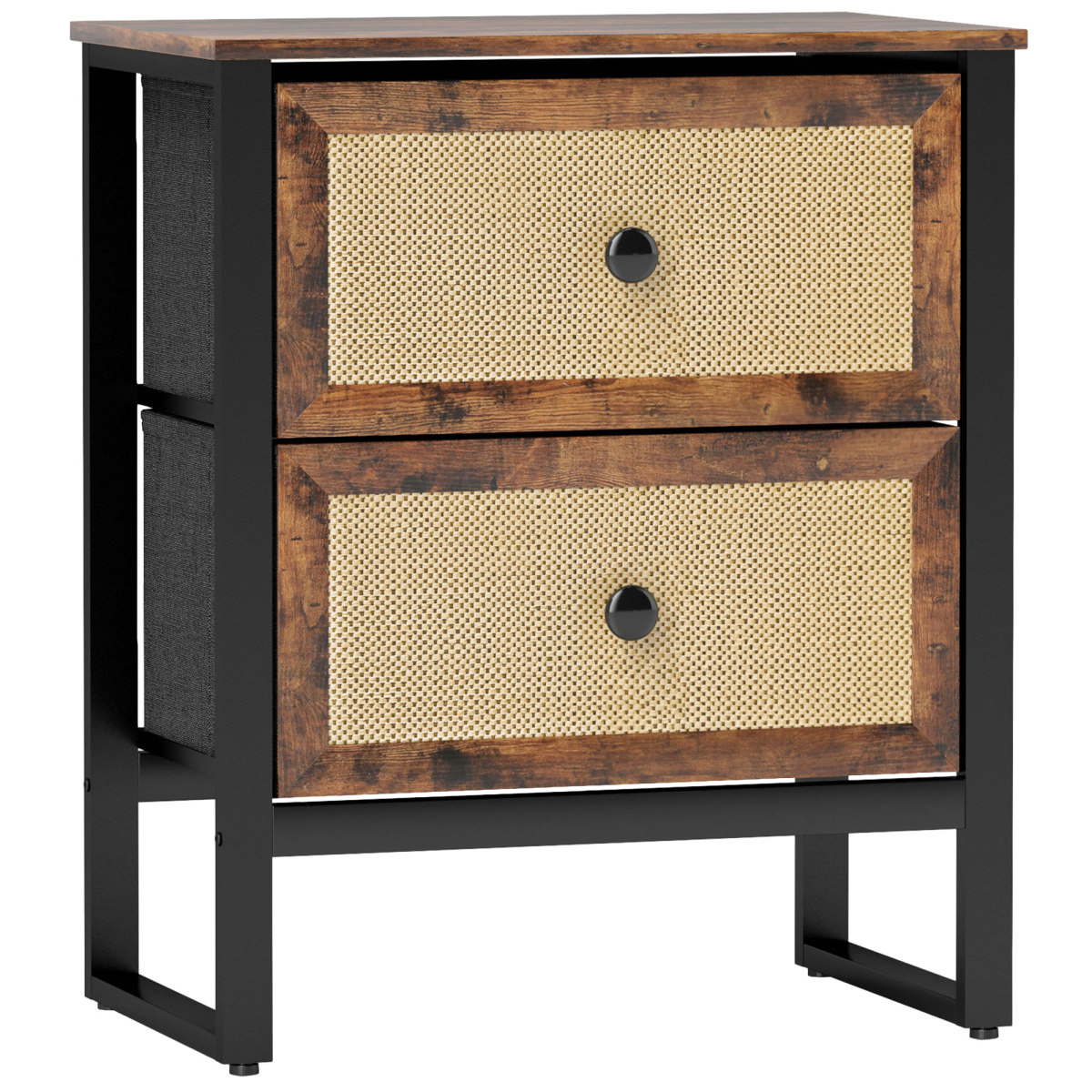 HOMCOM Bedside Table with 2 Rattan Drawers, Steel Legs and Adjustable Feet – Bedroom Storage, Rustic Brown
