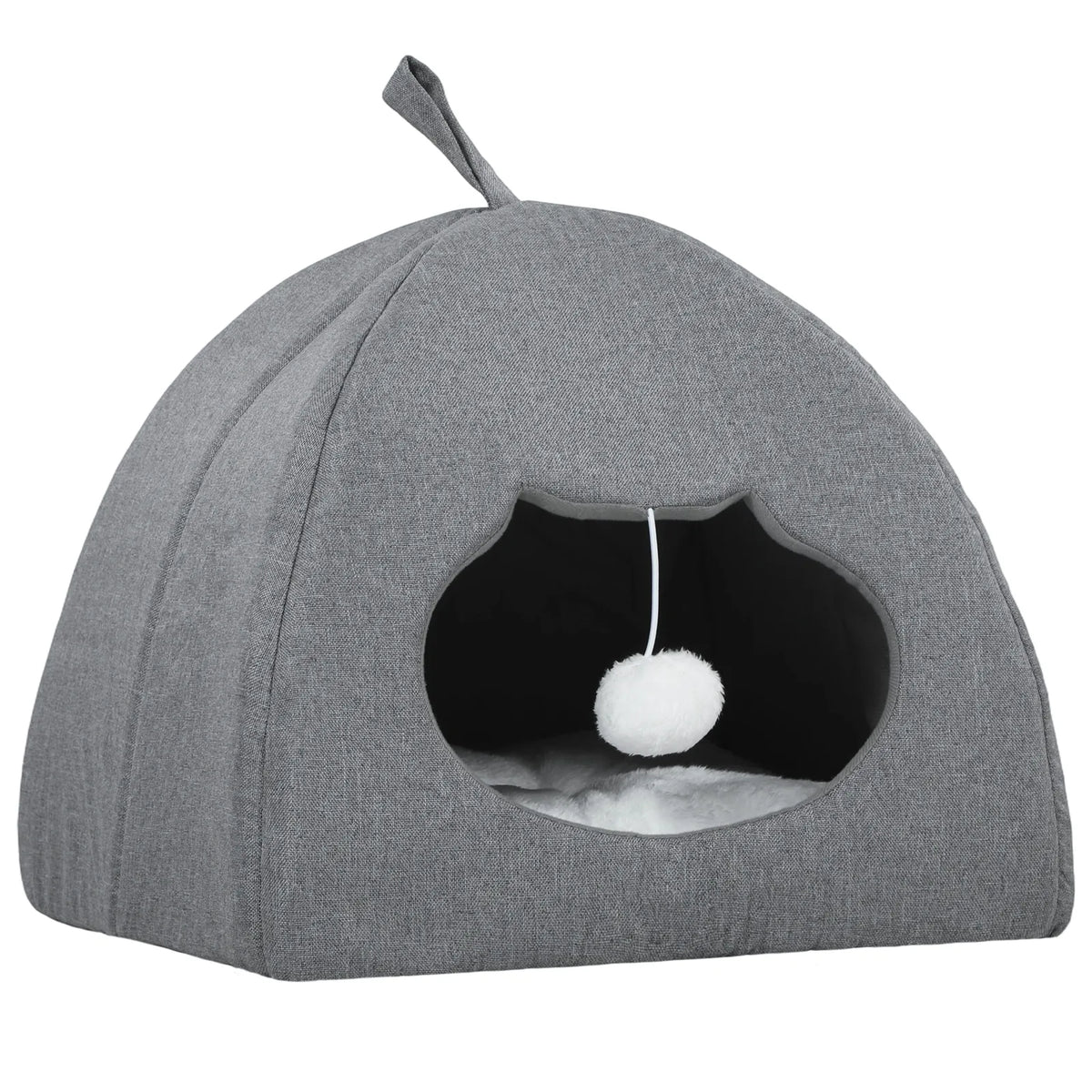 PawHut Cat Cave Bed with Reversible Cushion, Teaser Ball & Anti-Slip Base – Indoor Kitten Igloo House, Grey