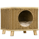 PawHut Elevated Wicker Cat House with Soft Cushion & Door Hole – Cosy Indoor Cat Bed, Light Brown