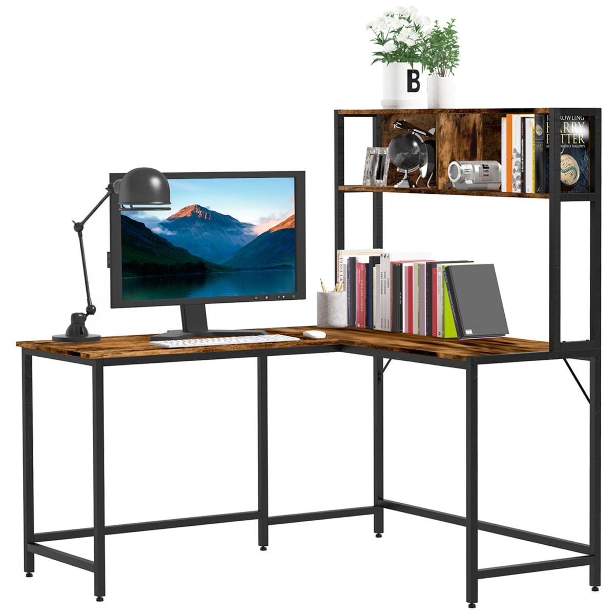 HOMCOM Industrial L-Shaped Desk with Upper Shelf, 149 x 140cm – Corner Home Office Workstation, Brown & Black