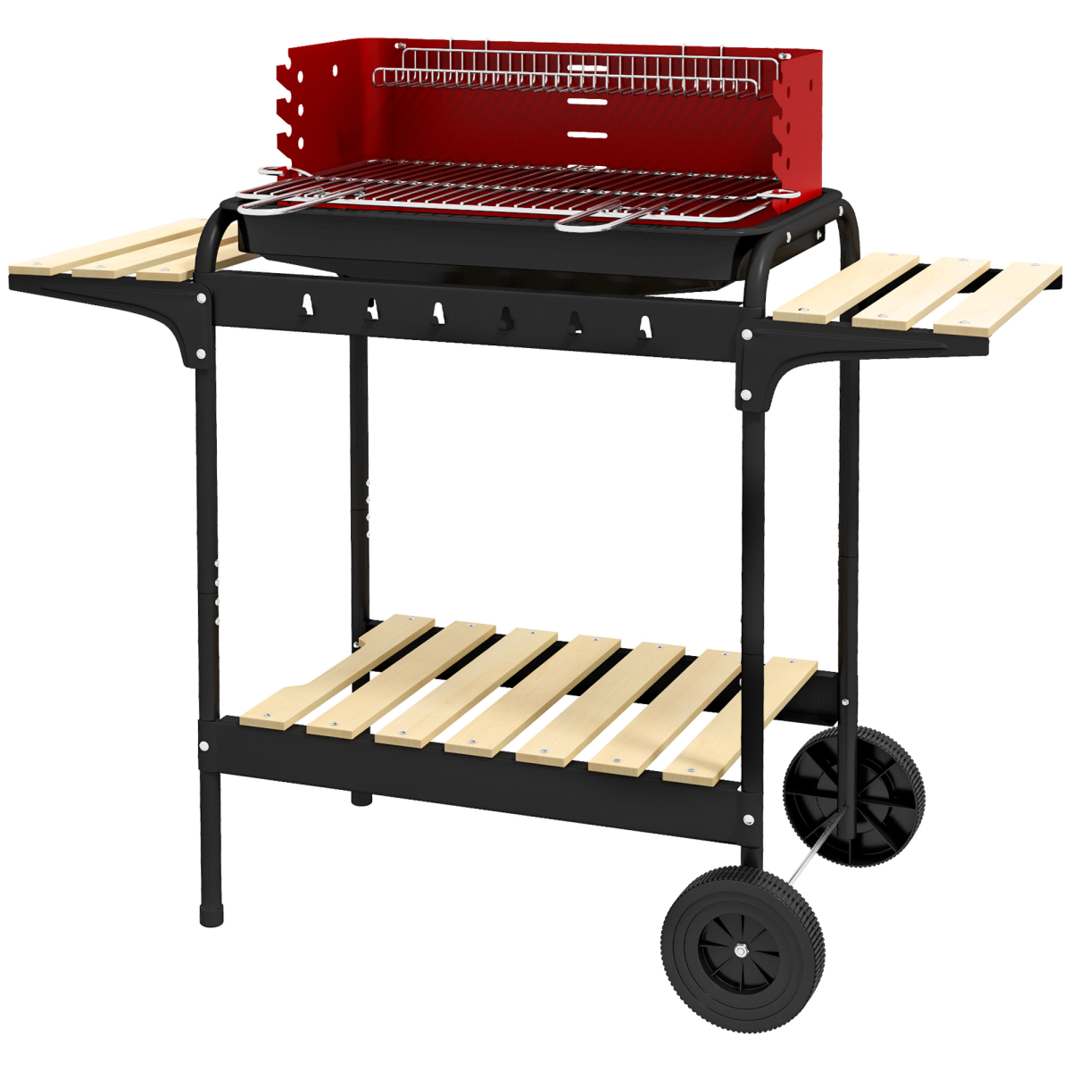 Outsunny Charcoal BBQ Grill Trolley with 5-Level Adjustable Height, Warming Rack, Ash Catcher & Wheels, Red/Black