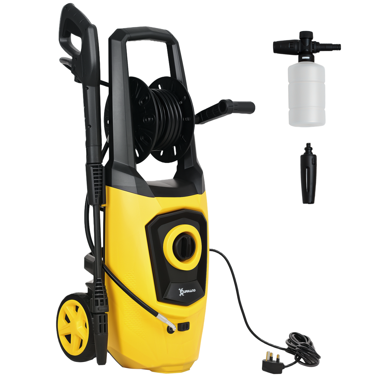 DURHAND 1800W Portable Pressure Washer, 150 Bar, 510 L/h with Foam Bottle and Hose Reel – Yellow