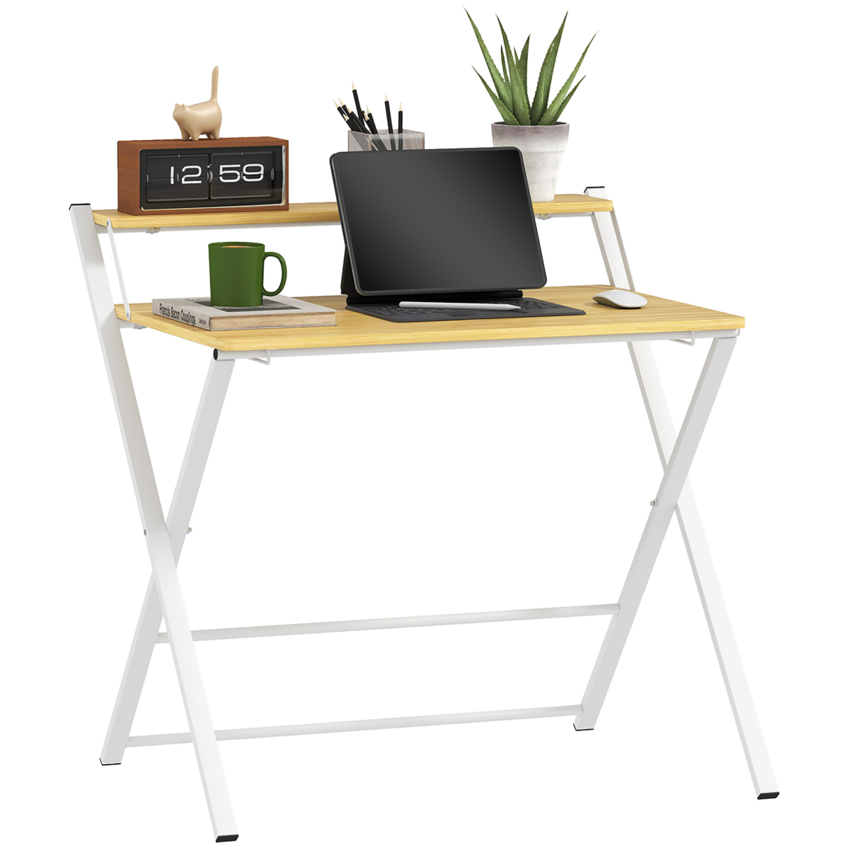 HOMCOM Folding Desk with 2-Tier Shelf – Space-Saving Home Office Computer Table, Maple Wood-Effect
