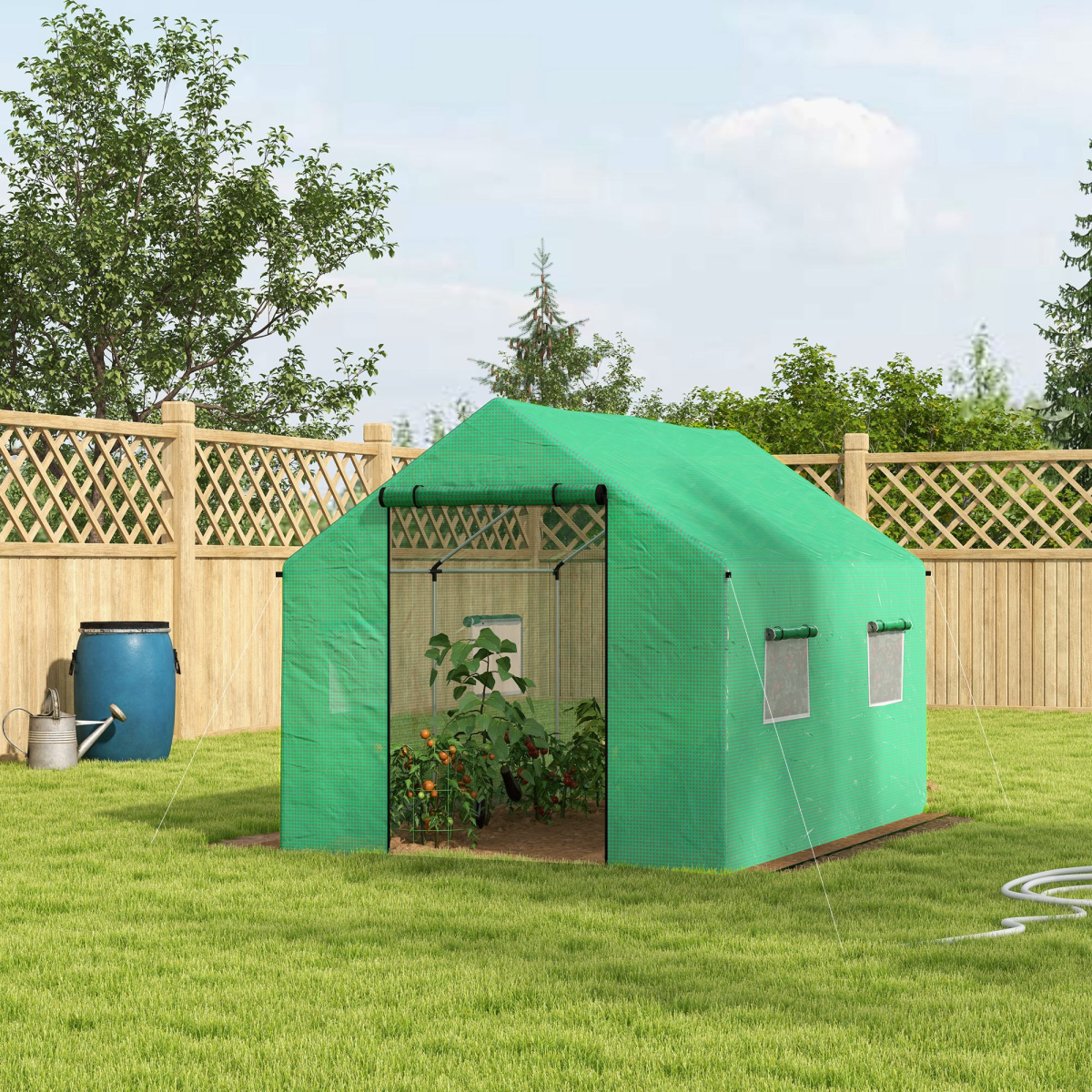 Walk-in Greenhouse with Roll-up Door & Mesh Windows – Galvanised Steel Frame Grow House, 200 x 300 x 200cm, Green