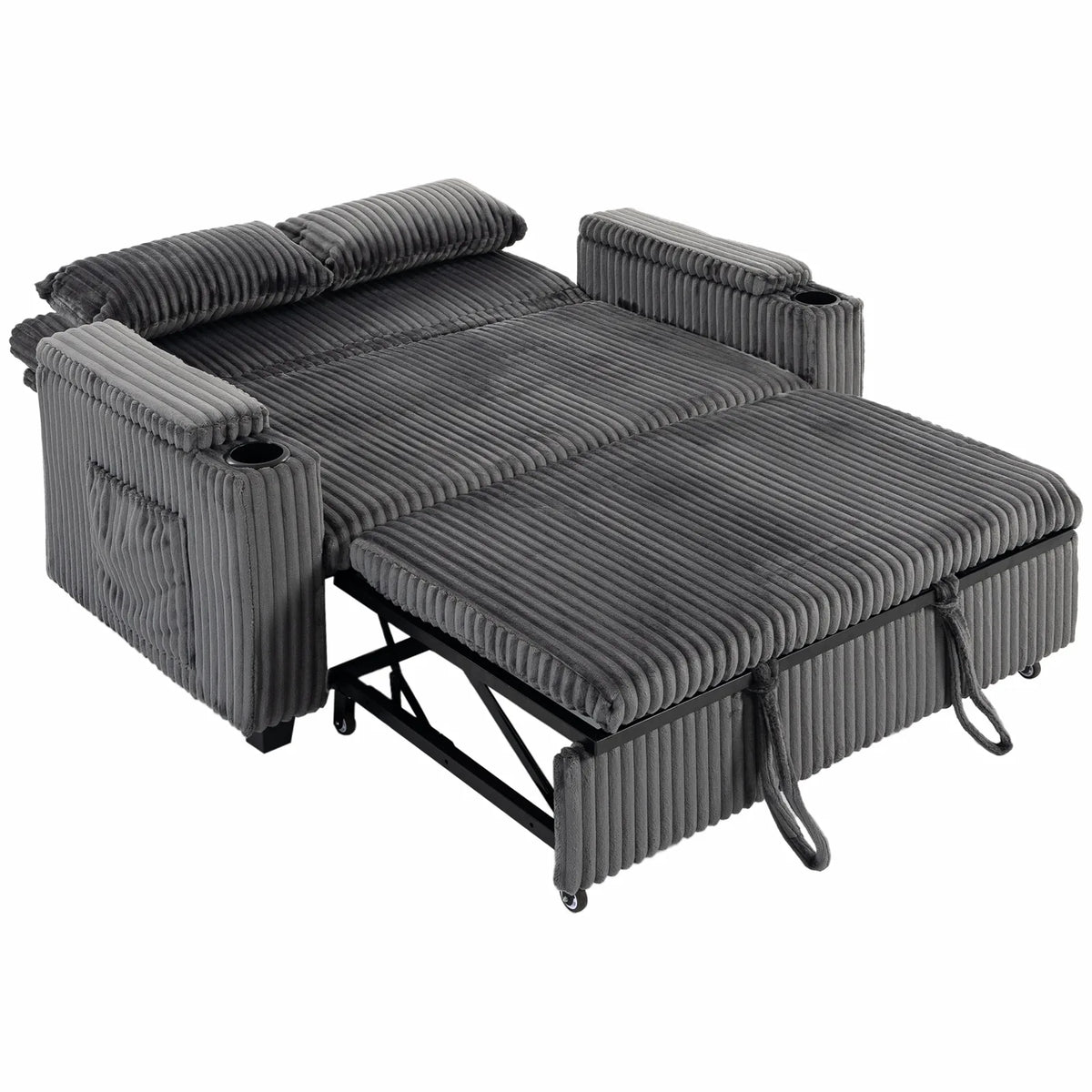 HOMCOM 2 Seater Sofa Bed with 5-Position Backrest, Storage Armrest and Cup Holders – Corduroy Sleeper, Dark Grey