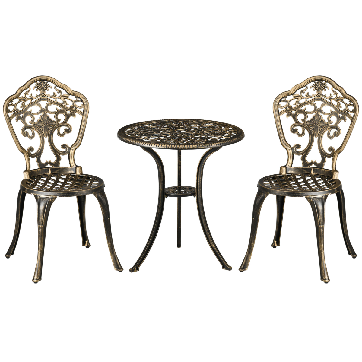 Outsunny 3-Piece Cast Aluminium Bistro Set with Parasol Hole – Two Armless Chairs & Round Table for Patio, Bronze