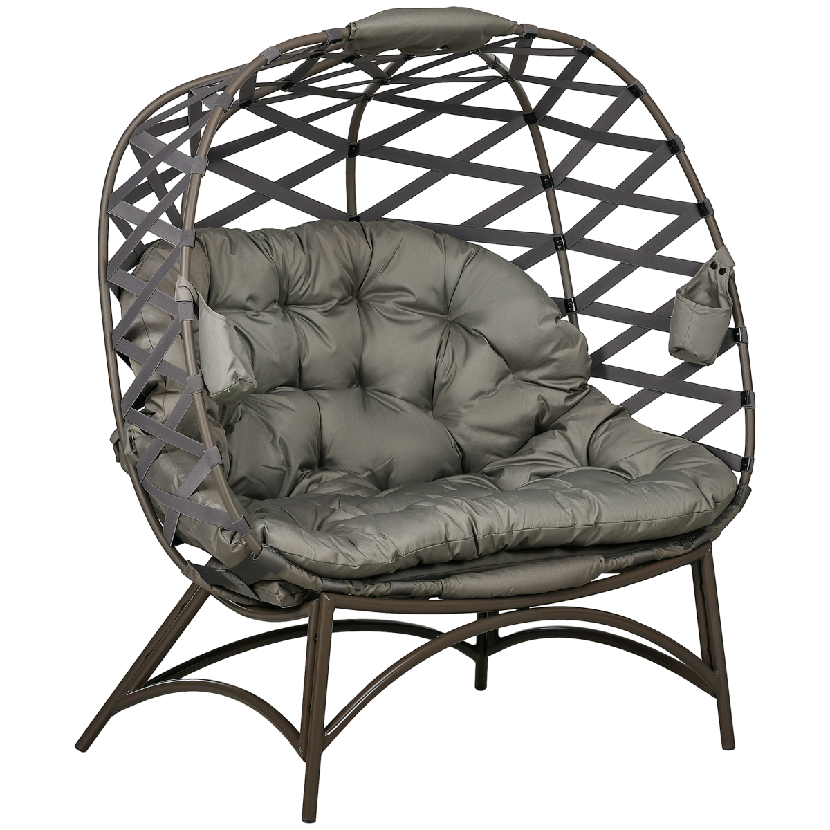 Outsunny 2-Seater Outdoor Egg Chair with Padded Cushion & Cup Pockets, Powder-Coated Steel Frame – Garden Lounger, Sand Brown