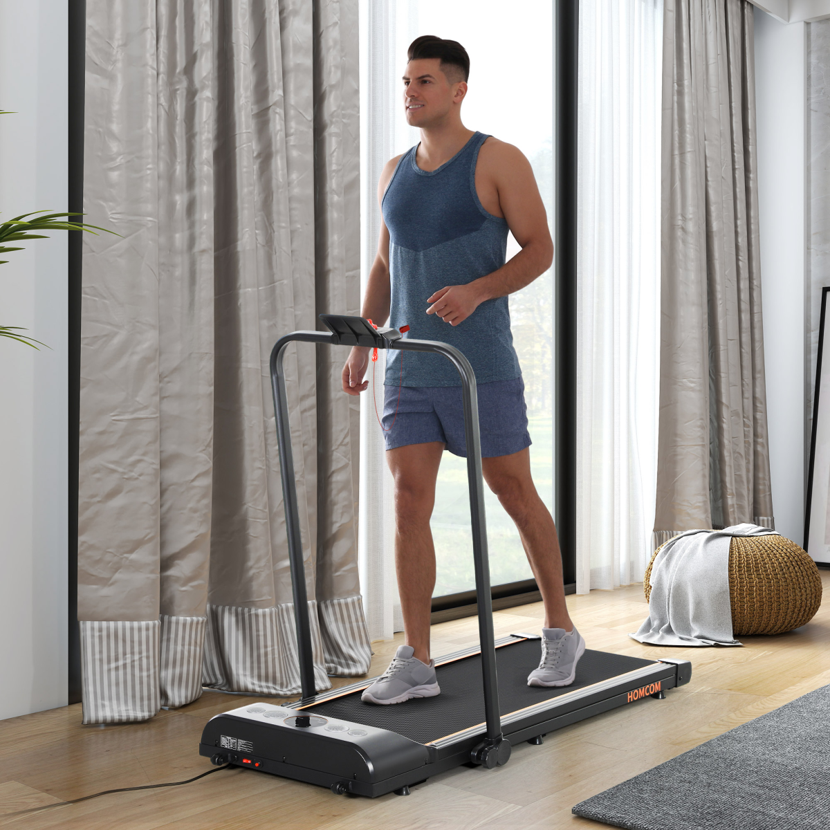 Folding Walking Treadmill with LED Display, Safety Key & Wheels – Home & Office Walking Machine, Orange