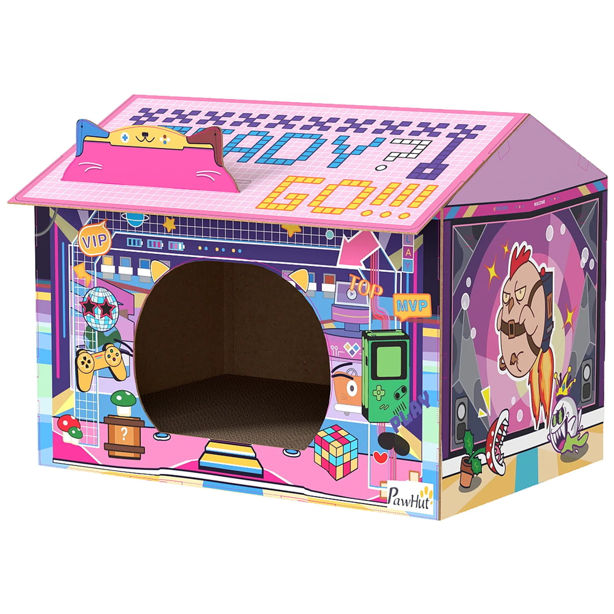 PawHut 2-in-1 Gaming-Style Cardboard Cat House with Scratching Board and Catnip – Indoor Cat Scratcher, Pink
