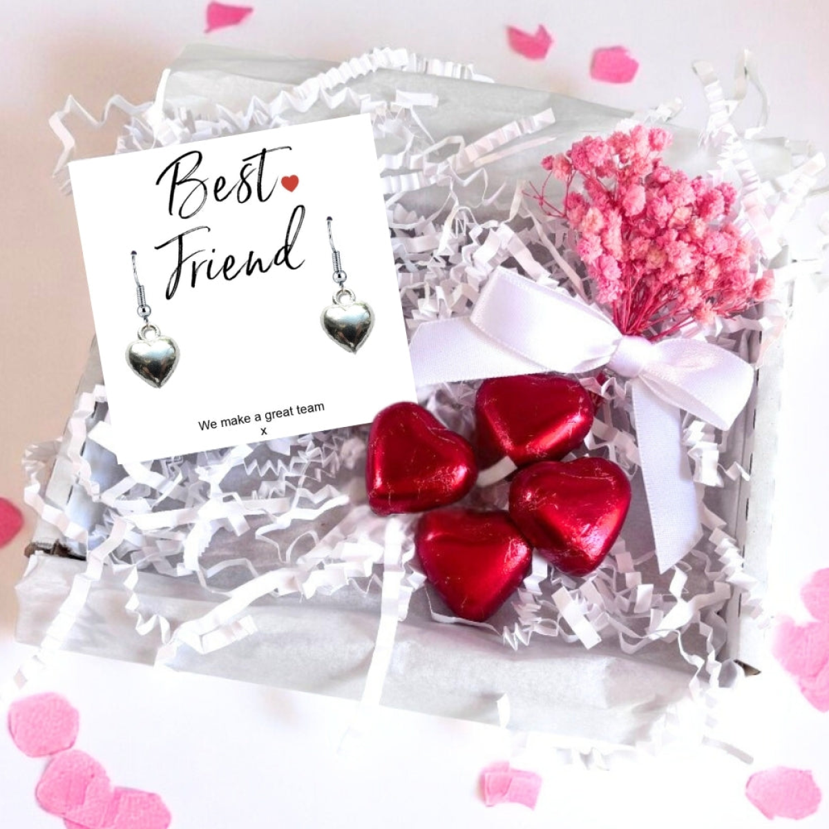 Aye Do Gifts Best Friend Mini Gift Hamper with Silver Heart Earrings & Chocolates – Letter Box Gift for Her