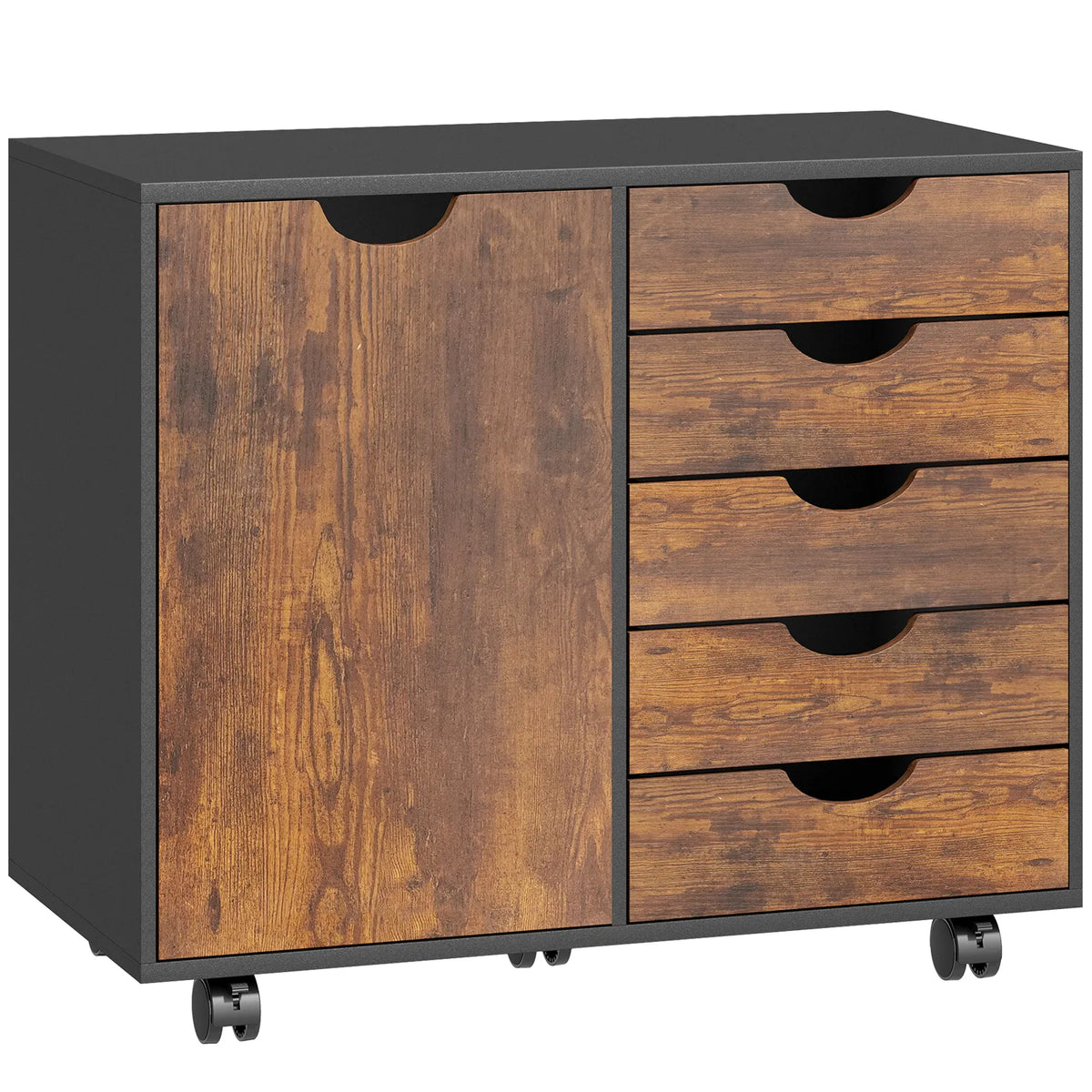HOMCOM Mobile Office Storage Cabinet with 5 Drawers, Cupboard & Wheels – Study Filing Storage, Rustic Brown