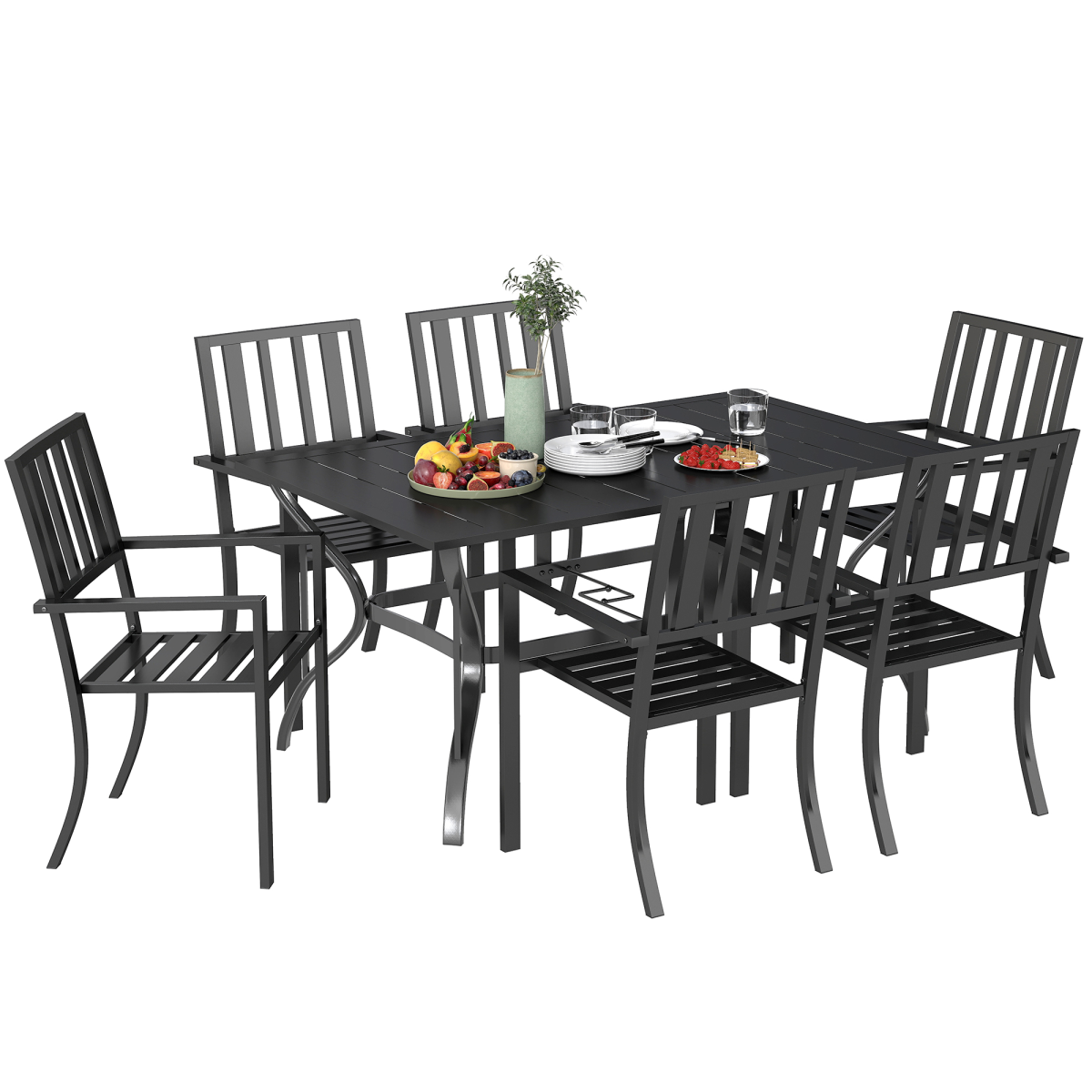Outsunny 7-Piece Steel Patio Dining Set with 42mm Umbrella Hole – Table & 6 Stackable Chairs, Black