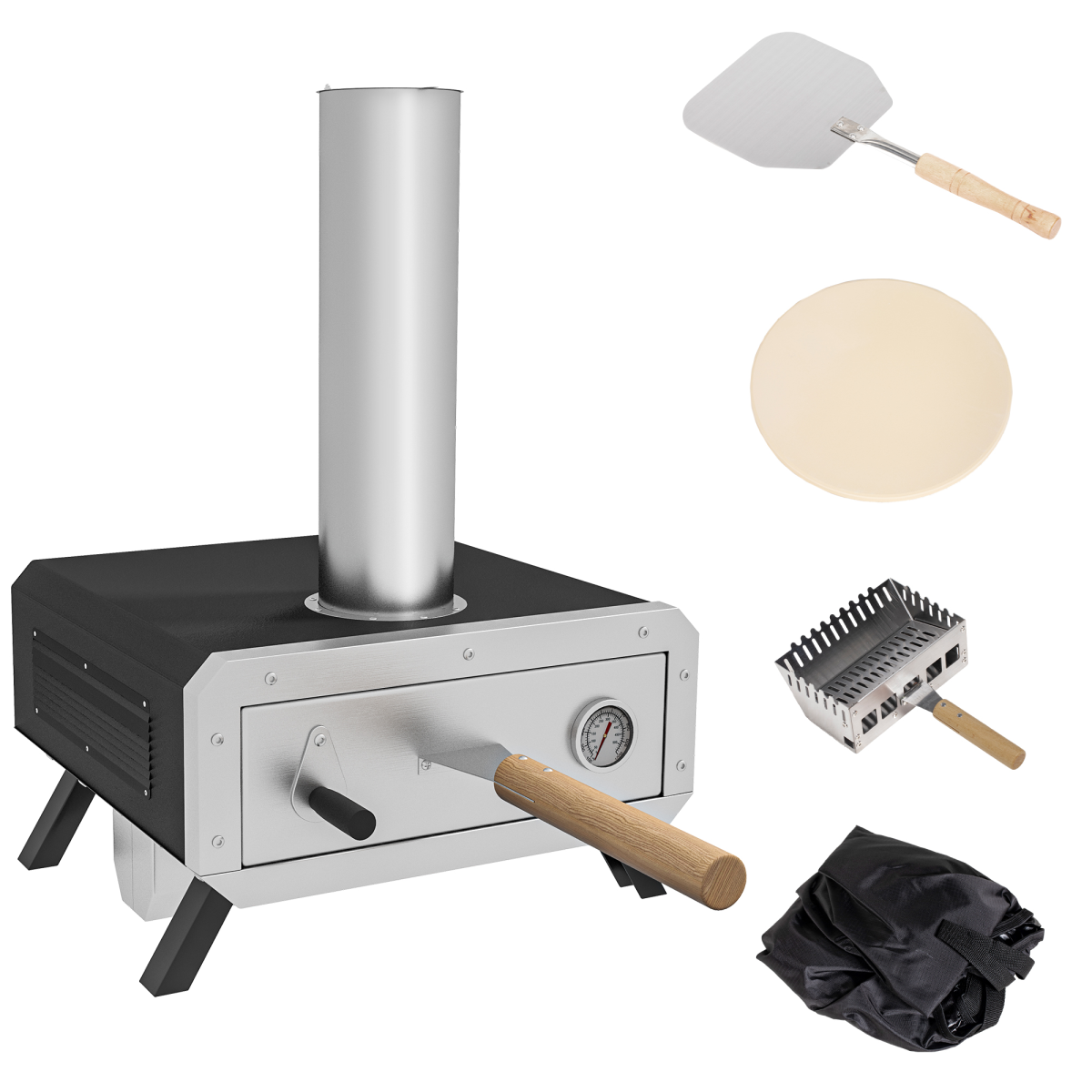 Outsunny Wood Fired Pizza Oven with Rotating Cordierite Stone, Chimney & Thermometer – Outdoor Patio Cooking, Black