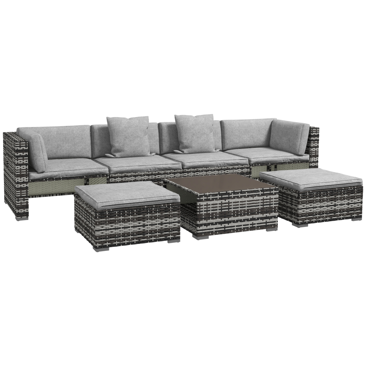 Outsunny 7-Piece Rattan Garden Furniture Set with Lift-Up Storage Shelves, Glass-Top Coffee Table & Stools – Patio Sofa Set, Mixed Grey