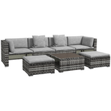 Outsunny 7-Piece Rattan Garden Furniture Set with Lift-Up Storage Shelves, Glass-Top Coffee Table & Stools – Patio Sofa Set, Mixed Grey