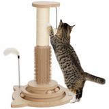 PawHut 49cm 5-in-1 Cat Scratching Post with Interactive Track Ball Turntable – Indoor Cat Tower, Oak & Cream White