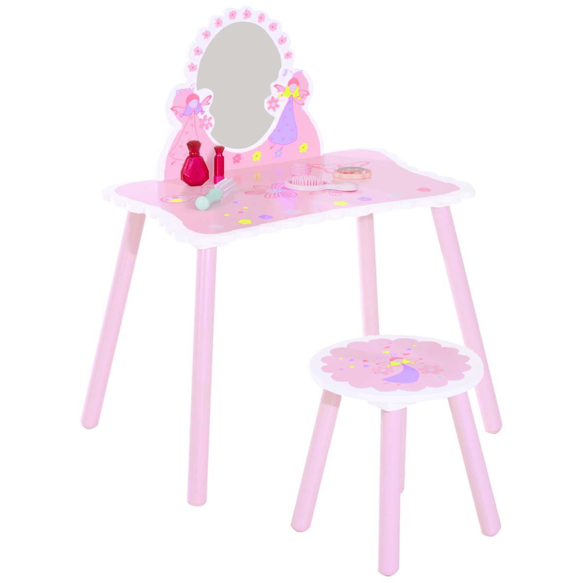 HOMCOM Kids Dressing Table and Chair Set with Mirror – Pink Make-Up Play Desk with Butterfly Patterns
