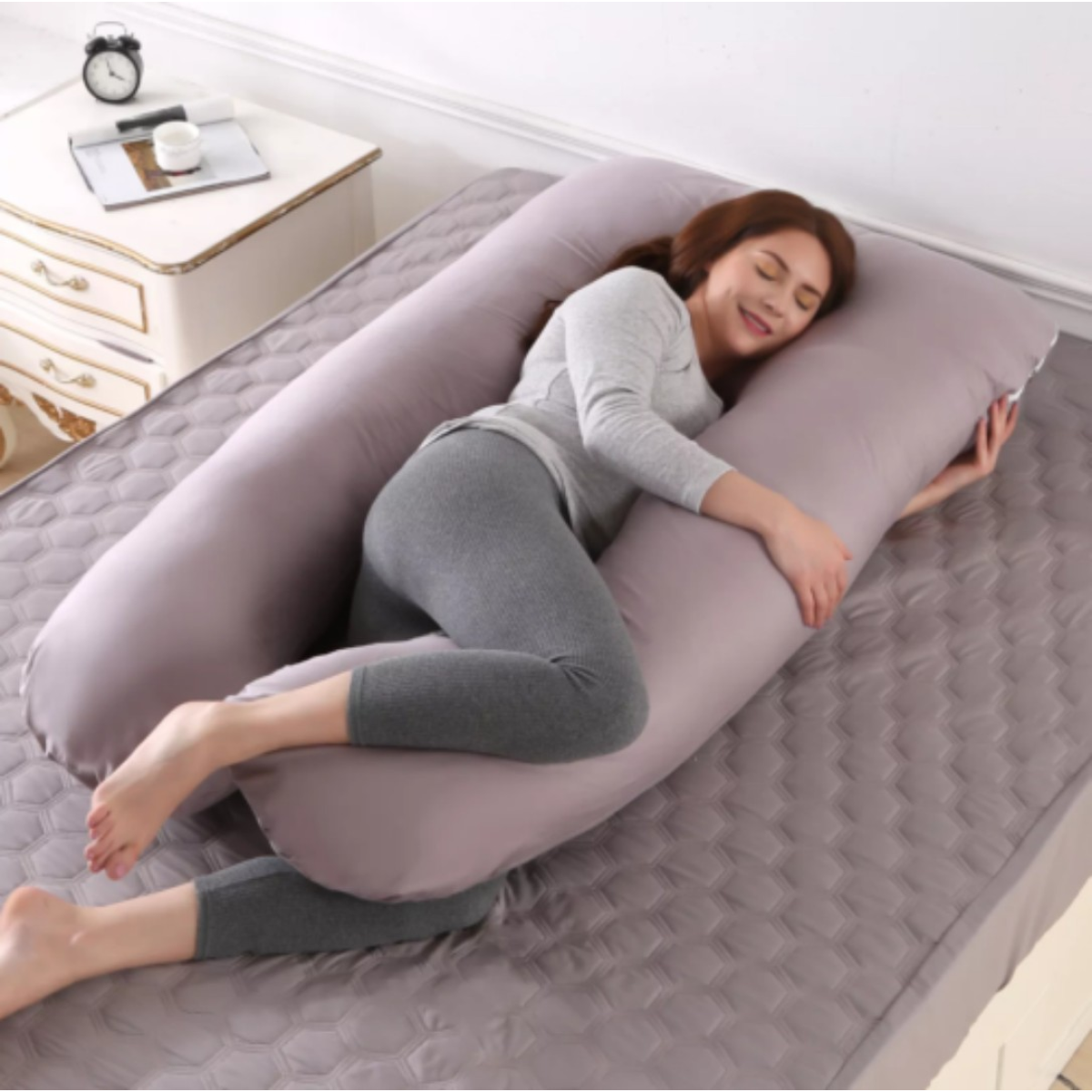 U-Shaped Pregnancy Pillow with Removable Cover – Full Body Maternity Support for Back, Hips & Belly, Grey