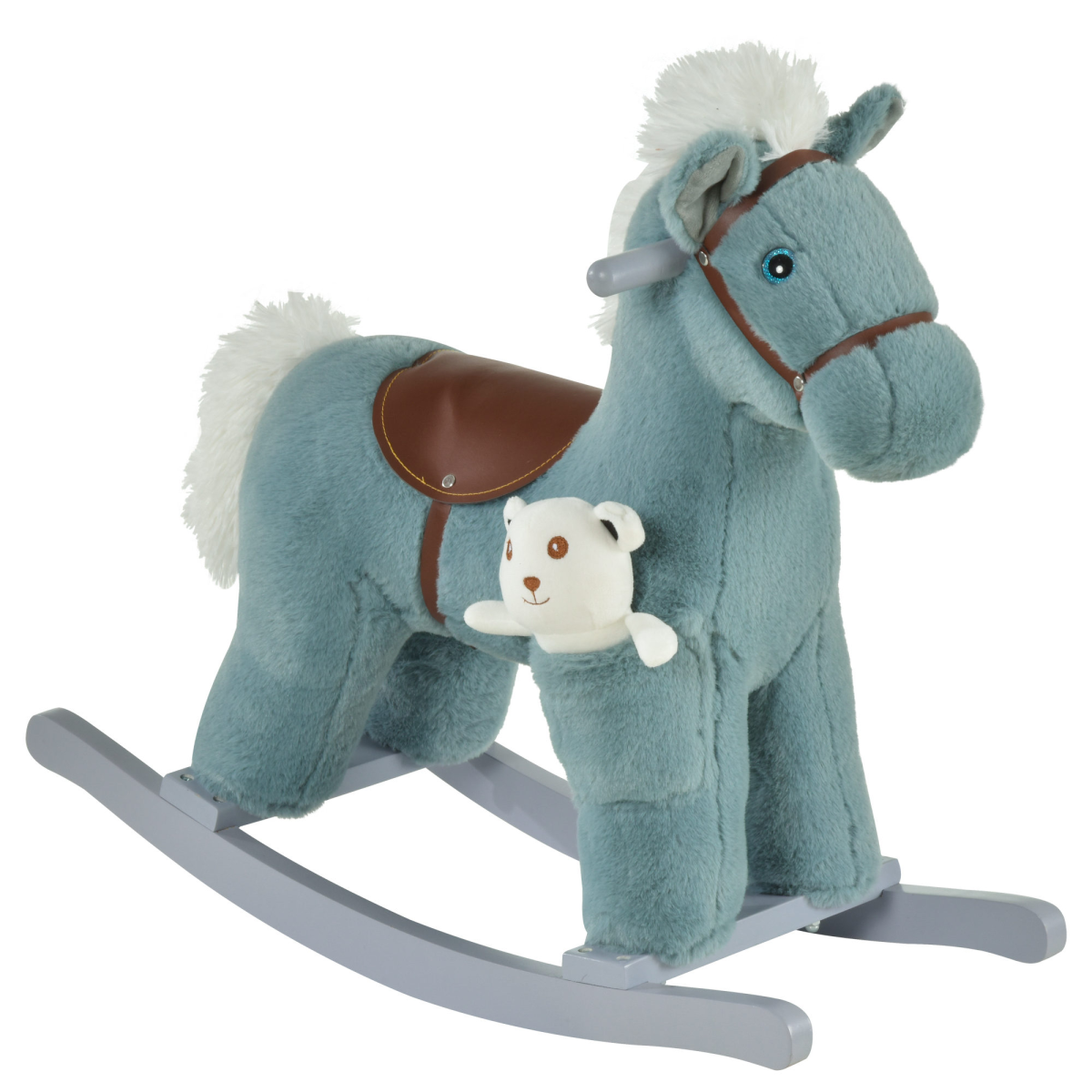 HOMCOM Kids Plush Ride-On Rocking Horse with Neighing Sounds and Wooden Base – Toddler Rocker