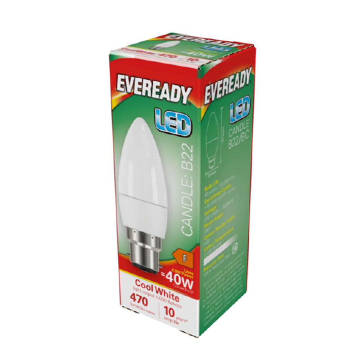 Eveready S14322 LED Candle Bulbs, B22 Bayonet Cap, 470lm 4.9W – 40W Replacement, Cool White, Pack of 5
