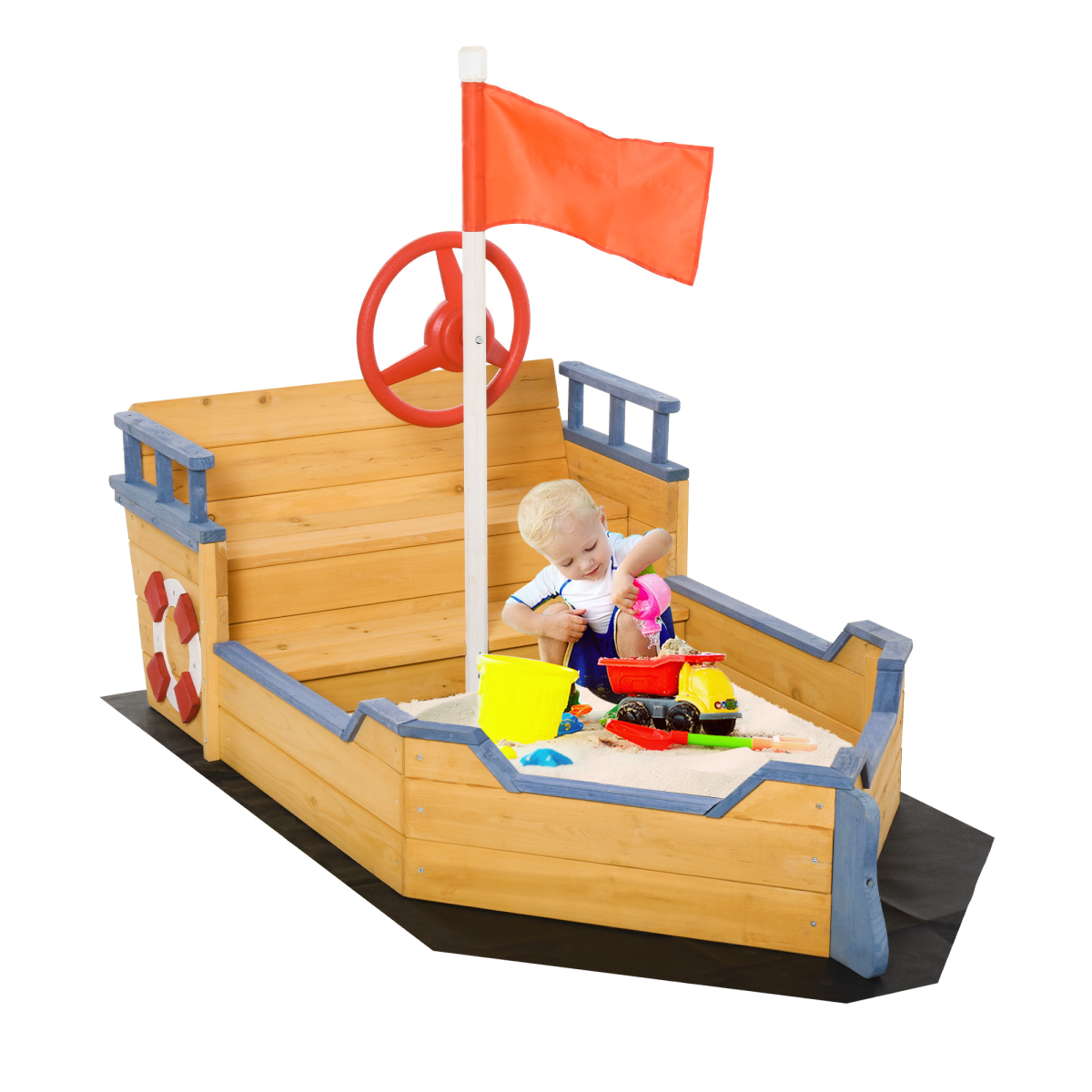 Outsunny Kids Wooden Sandbox Pirate Ship with Bench Seat and Storage Space – Garden Sandpit for Ages 3–6