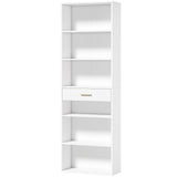 HOMCOM Narrow Tall Bookcase with Drawer and 6 Open Shelves, 182 cm Space-Saving Bookshelf, White