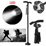 Folding Walking Stick with LED Light, 5 Adjustable Heights & Pivot Base – Hiking & Travel Cane, Black