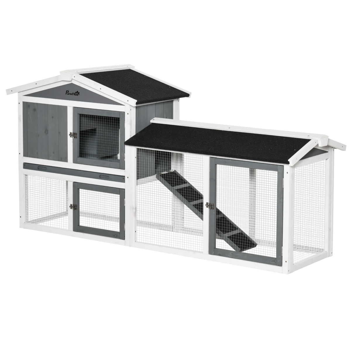 Pawhut Two-Tier Wooden Rabbit Hutch with Run Box, Slide-Out Tray & Ramp – Outdoor Small Animal House