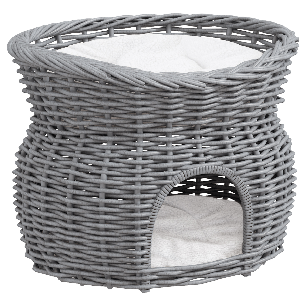 PawHut 2-Tier Willow Cat Condo with Padded Cushions – Elevated Wicker Pet Bed, Grey