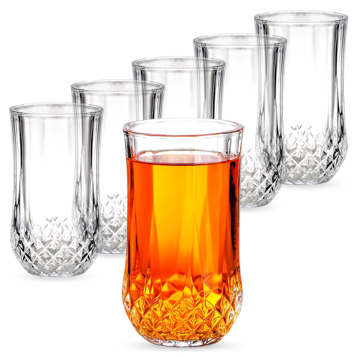 Vinsani 6 Piece Crystal-Cut Tall Glasses Set, 350ml Toughened Glass Tumblers – Geometric Design Drinkware