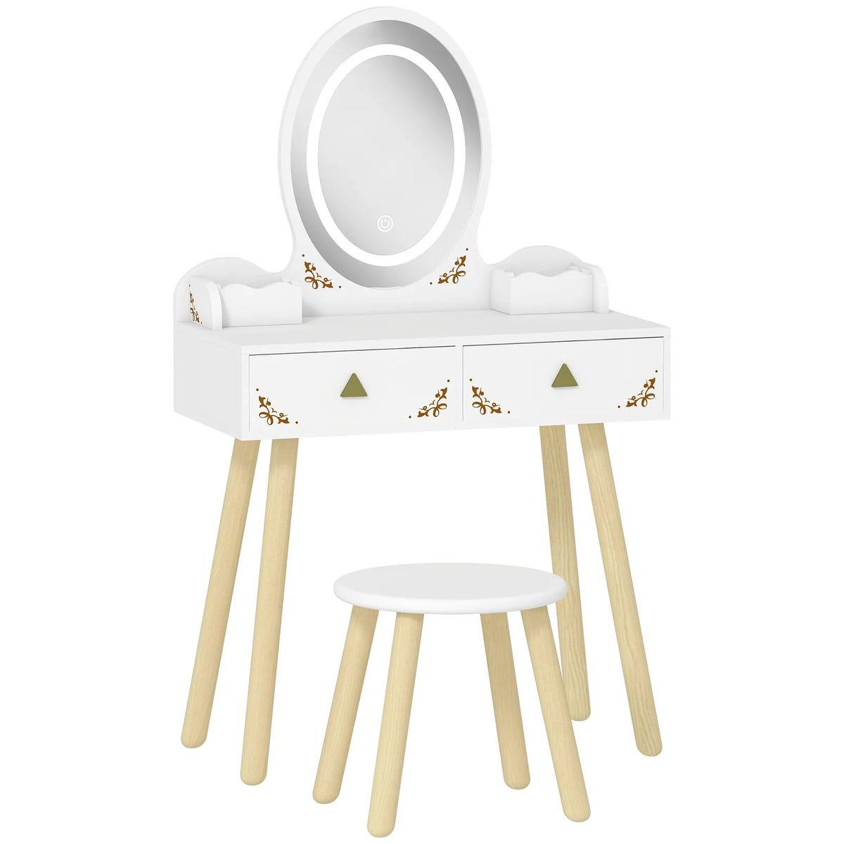 AIYAPLAY Kids Vanity Table and Chair Set with 3-Colour LED Mirror & Drawers – 2-in-1 Dressing Table & Desk, White
