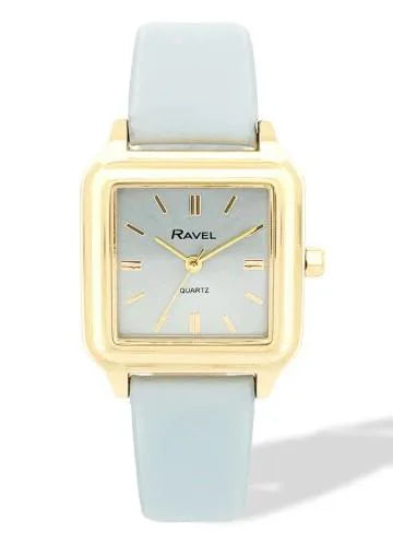 Ravel Ladies Summertime Square Gold-Tone Watch with Light Blue Faux Leather Strap, 28mm