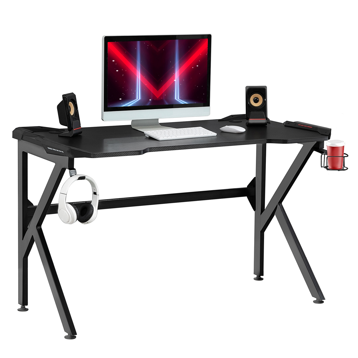HOMCOM Gaming Desk with Steel K-Frame, Cup Holder, Headphone Hook and Cable Management – 120cm Racing PC Desk