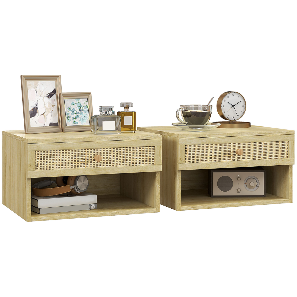 HOMCOM Floating Nightstands Set of 2 with Rattan Drawer & Storage Shelf – Wall-Mounted Bedside Tables, Natural