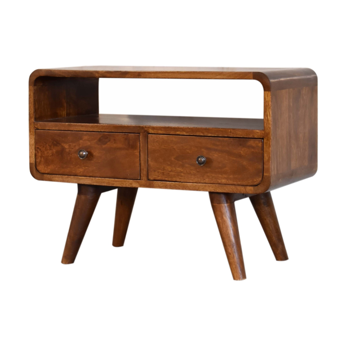 Artisan Mini Curved Solid Wood Media Unit with 2 Drawers – Compact TV Storage for Small Spaces, Chestnut