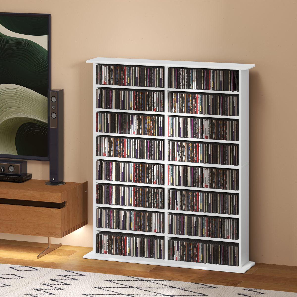CD & DVD Storage Unit with 16 Compartments & Adjustable Shelves – Slim Media Shelf for 720 CDs, White