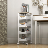 Slim 5-Tier Storage Trolley with 4 Drawers and Wheels – Rolling Organiser Cart, White and Oak