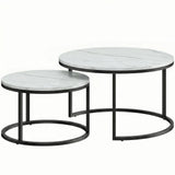 HOMCOM Set of 2 Round Nesting Coffee Tables with Marble-Effect Top – Space-Saving Stacking Tables, White