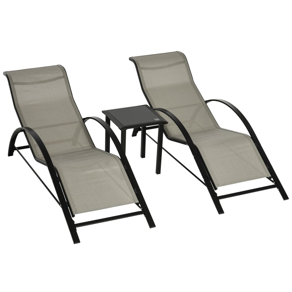 Outsunny 3-Piece Lounge Chair Set with Glass Table and Mesh Seats – Reclining Garden Sunbathing Chairs, Grey