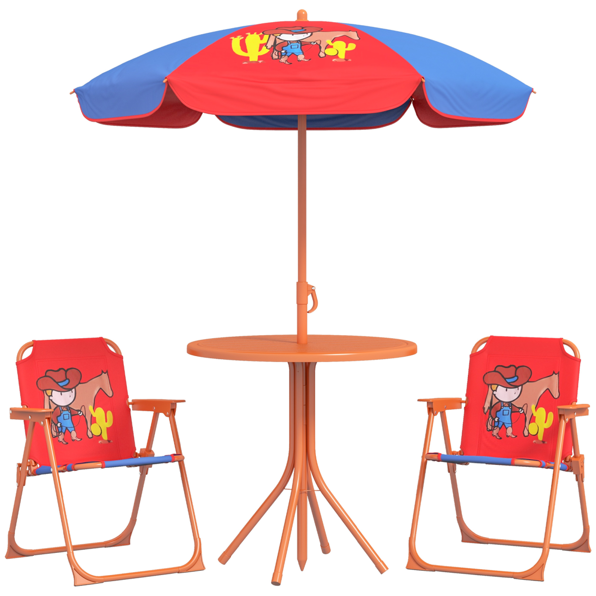 Outsunny Kids Bistro Table and Chair Set with Cowboy Theme, Adjustable Parasol – Outdoor Play Set
