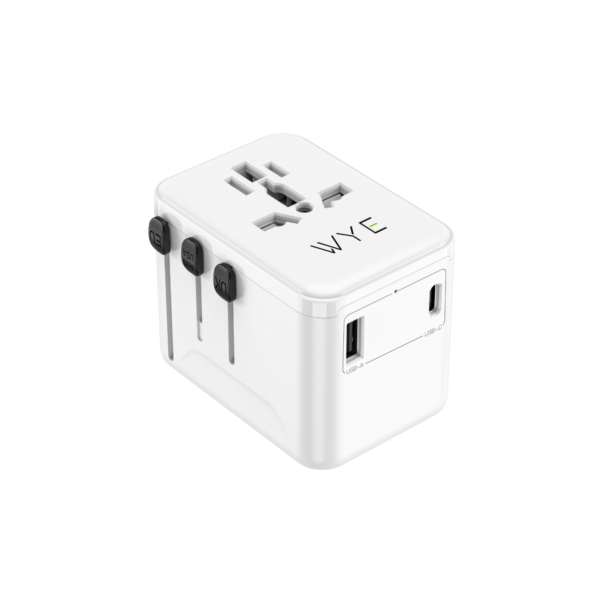 Wyeflux Universal Travel Adaptor with USB-A & USB-C Ports – 12W Output, 100-250V, White