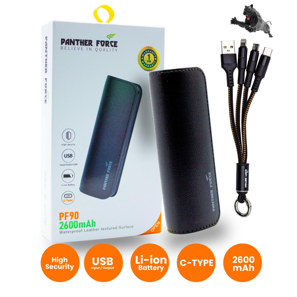 Panther Force 2600 Mini Power Bank PF90 with 2 USB Outlets, Micro & USB-C Input – Portable Charger for iPhone & Android