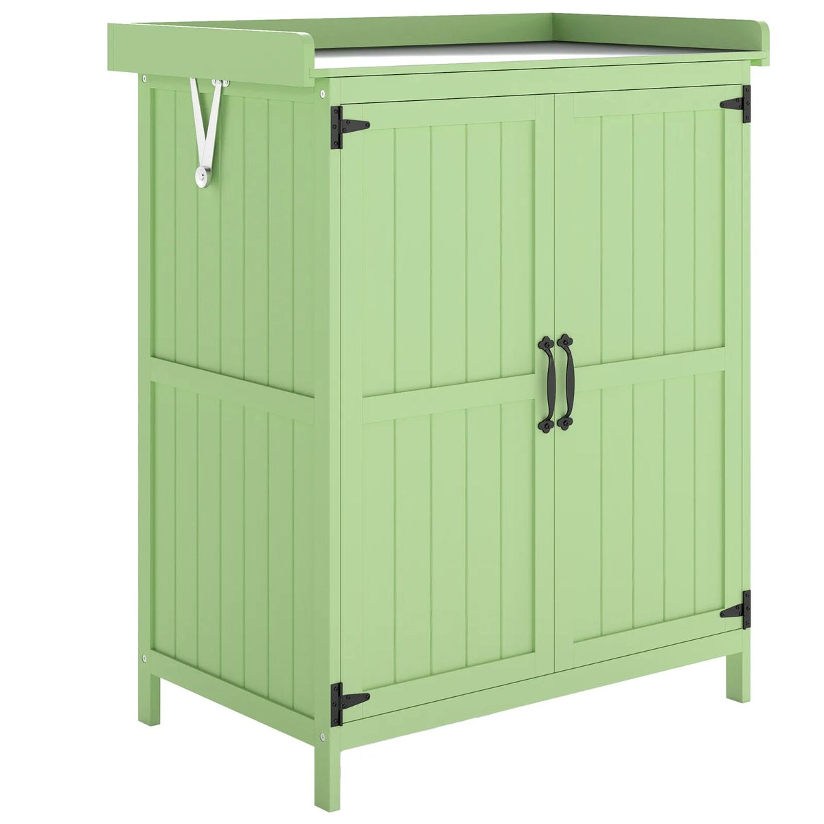 Outsunny Wooden Garden Tool Storage Cabinet with Hinged Roof, Double Doors and 2 Shelves – Light Green
